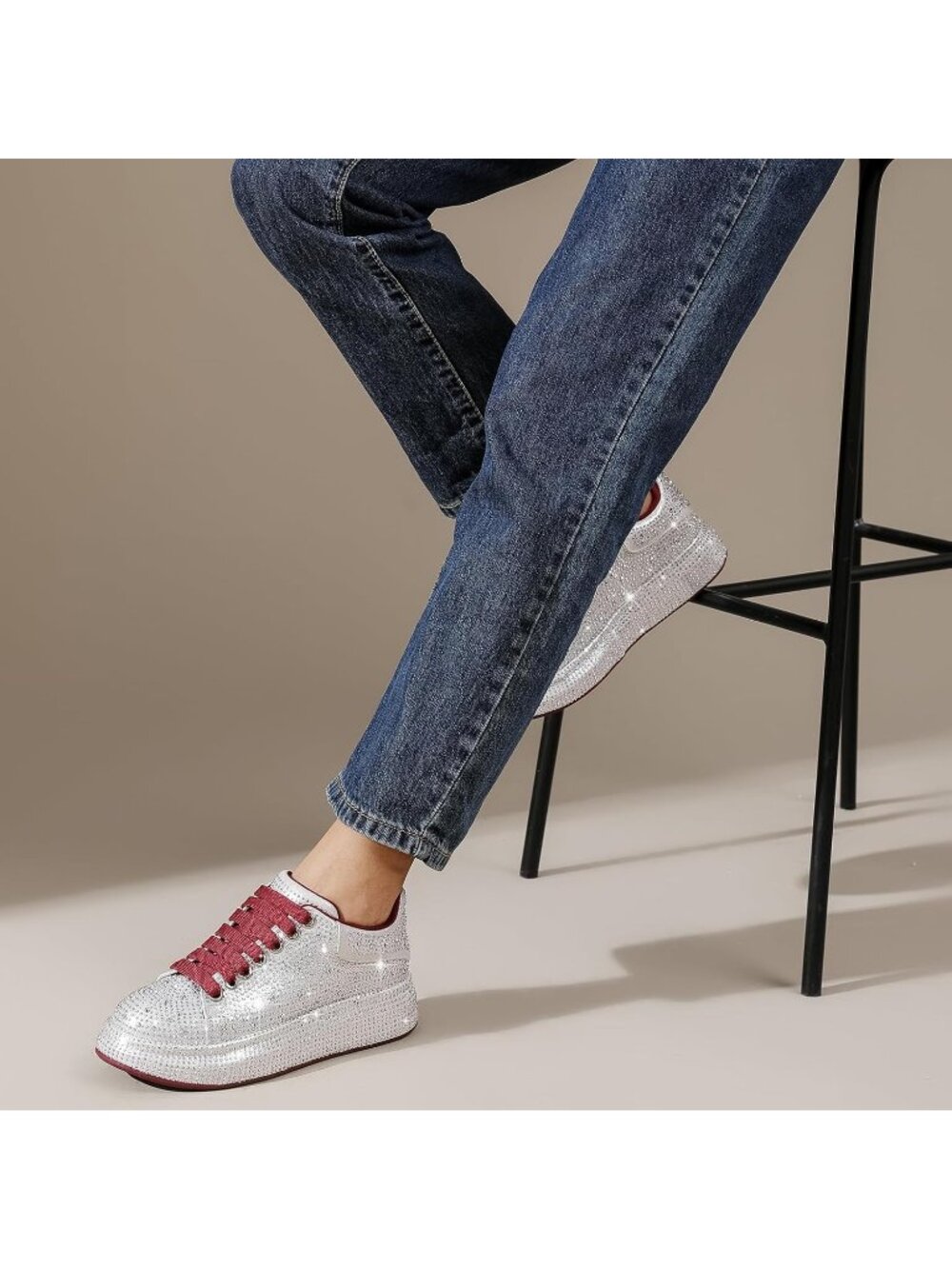 Women's Grey Red Glitter Neon Dressy Sparkly Rhinestone Bling Comfort Sneakers - Picture 5 of 6